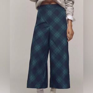 Anthropologie Maeve Taffeta Print Cropped Wide Leg Pants Blue Green Size Medium